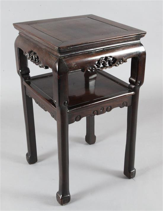 A Chinese hongmu square two tier stand, late 19th century, W.45cm H.79cm